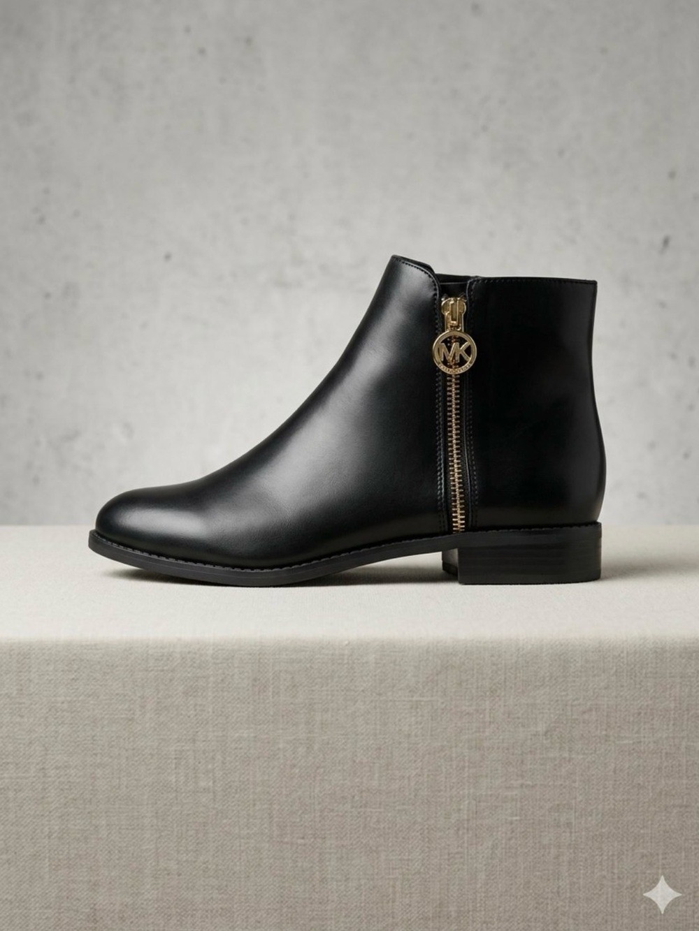 Michael Kors Black Faux Leather Ankle Boot with Gold Logo Zip